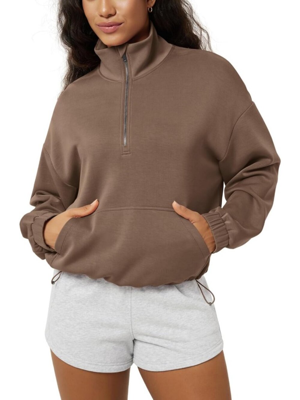 Soft Cinchable Sweatshirt, Half Zipper Funnel Neck, Oversized Pullover with